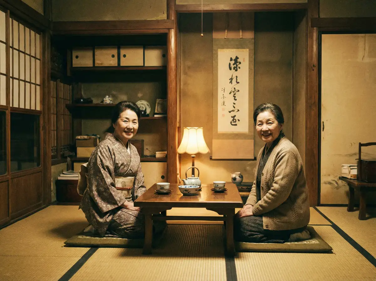 两位优雅的 h动漫 在日式茶室中品茶交谈
